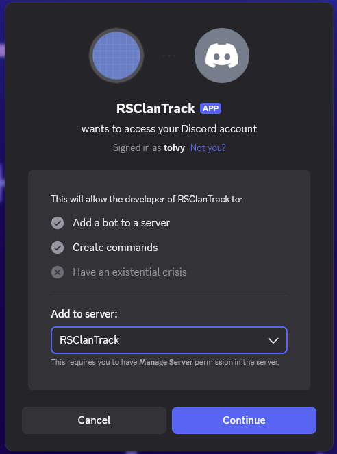 Discord asking which server to add the bot to