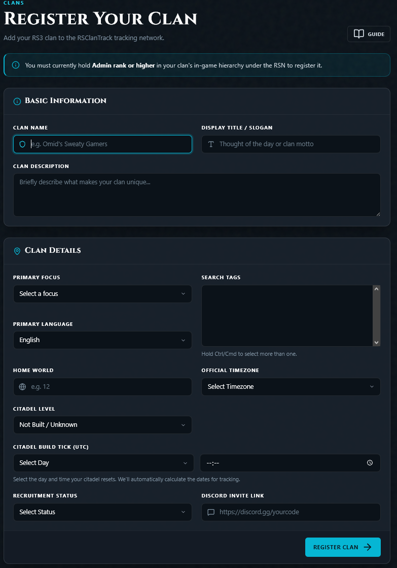 The Register Your Clan form